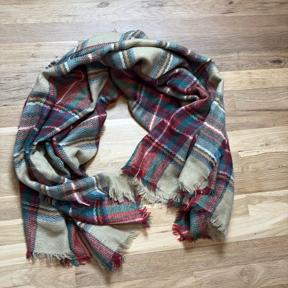 Plaid Red and Green Oversized Fringe Scarf Wrap or Shawl Women’s OS